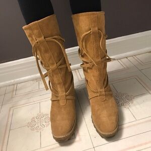 Genuine suede camel lace up boots